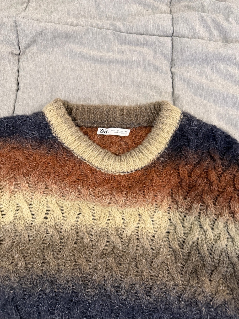 Zara Men's Ombre Cable-Knit Crewneck Sweater - Cream, Brown, Blue - Picture 2 of 2